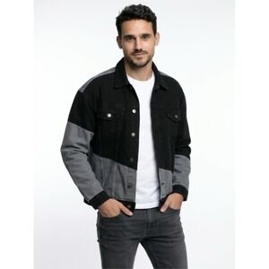 boohooMAN Mens Colorblock Denim Jacket Black Grey Oversized Trucker Medium